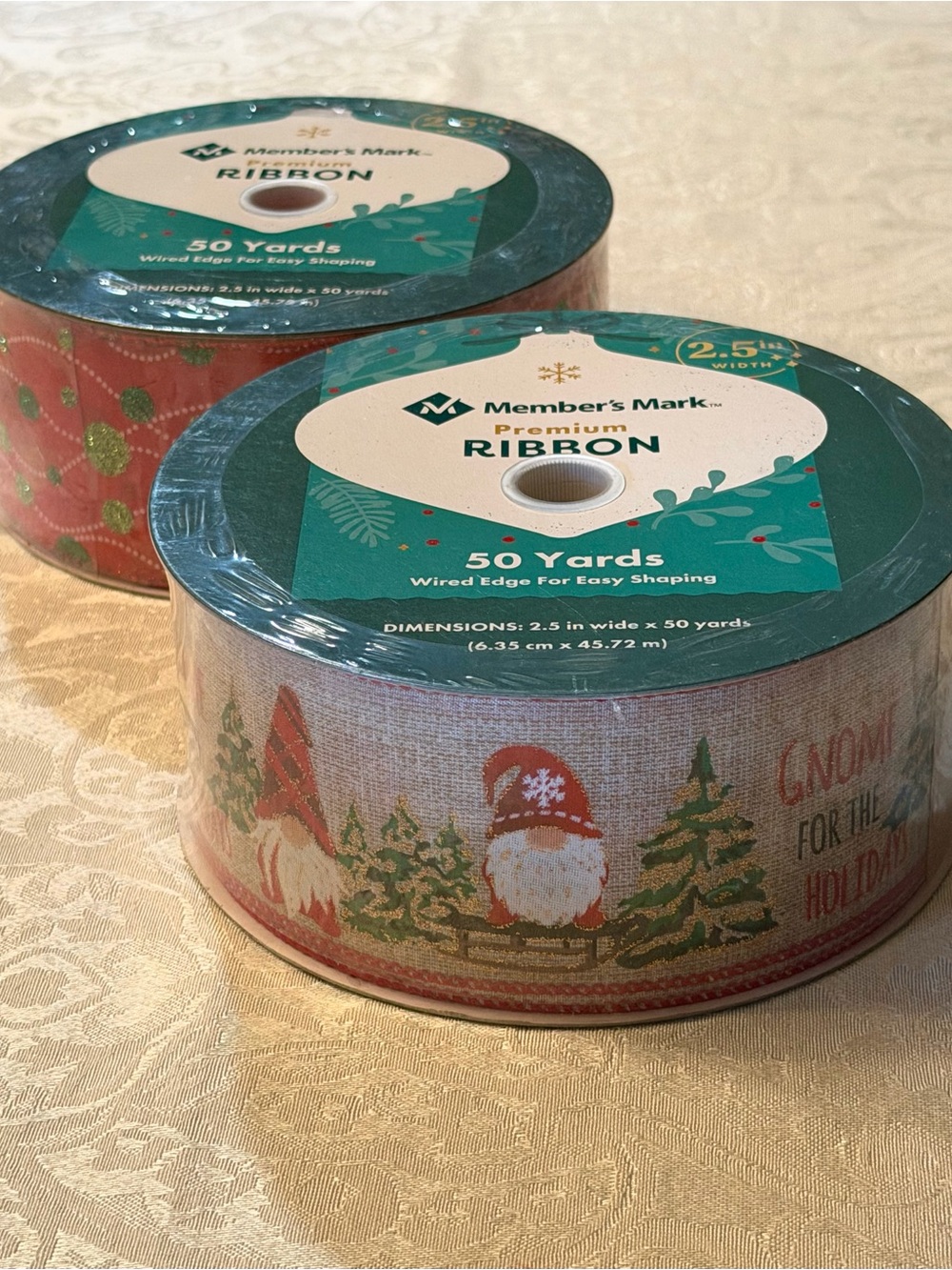 Member's Mark Red Holiday Gnome Wired Ribbon - 50 Yards